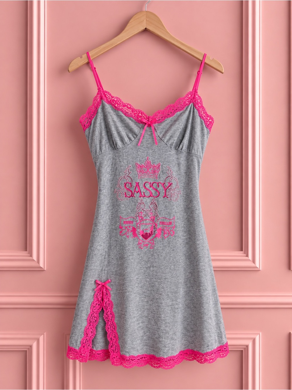 Y2K Sassy Gray & Hot Pink Graphic Print Rhinestone Lace Babydoll Dress